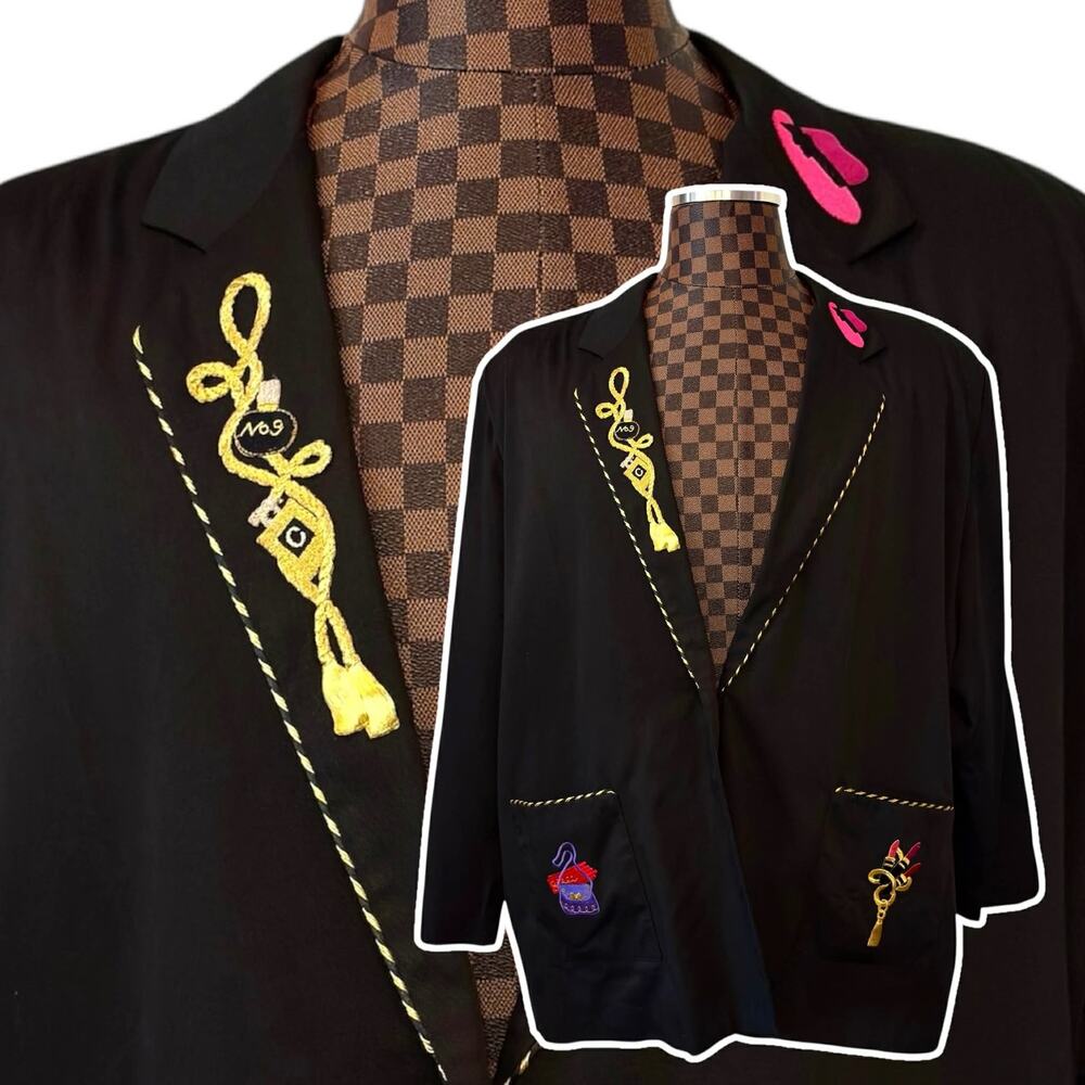 Vtg Susan Graver Blazer Jacket Plus Size 26 Black Gold Whimsical Beauty Kitsch